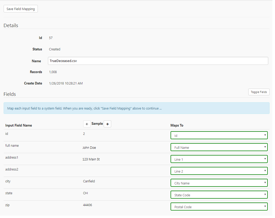 Field mapping page