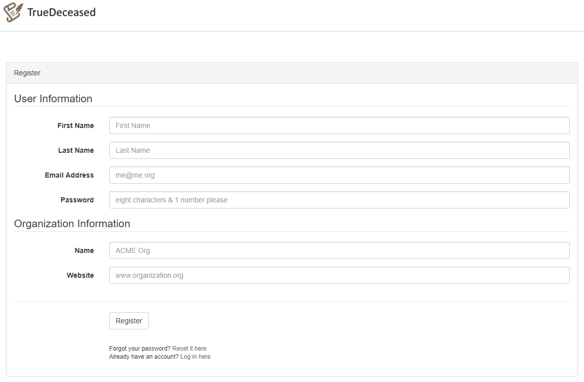 TrueDeceased registration form